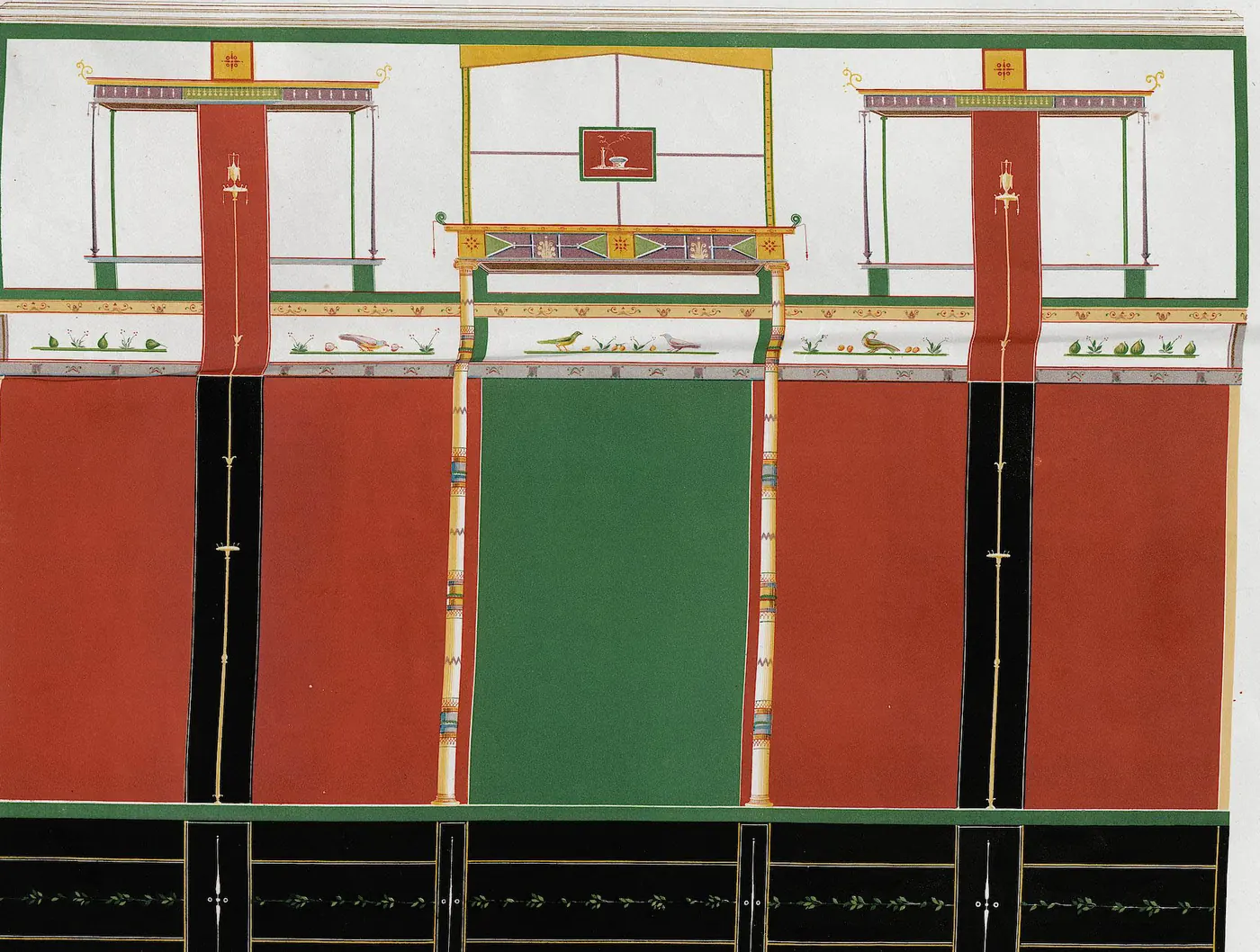 A painted Pompeian wall in the fourth style: red and green panels between slender painted columns, drawn by Wilhelm Zahn in 1833
