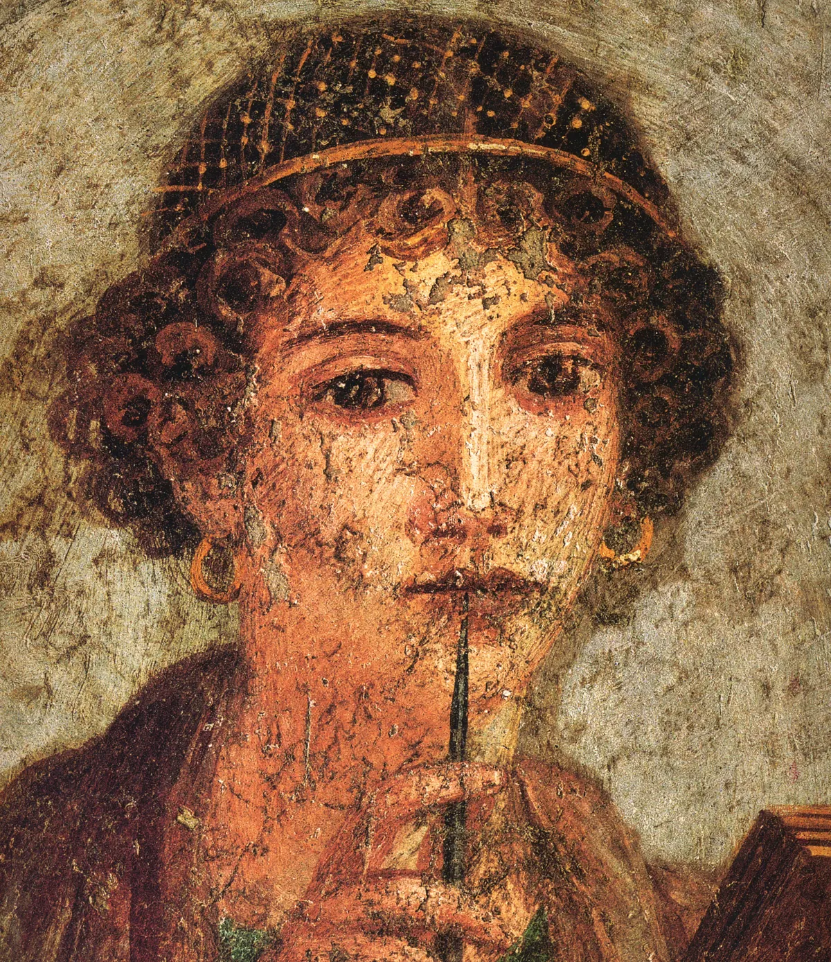 Fresco from Pompeii of a young woman holding a wax tablet and touching a stylus to her lips, 1st century AD