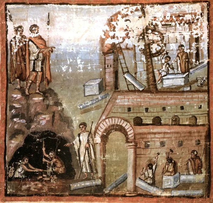 A painted page of the Vergilius Vaticanus, about AD 400: Aeneas watches the Carthaginians building their city
