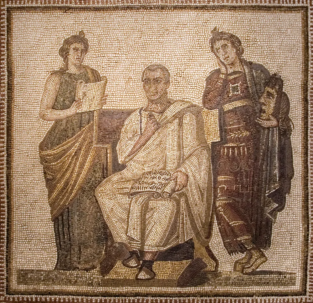 Roman mosaic of Virgil seated with a scroll of the Aeneid, between Clio, muse of history, and Melpomene, muse of tragedy